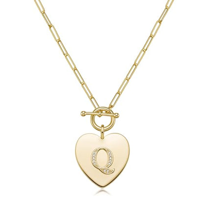 14K Gold Filled Heart Initial Necklace for Women, Dainty Alphabet Pendant Necklace with Paperclip Chain, Hypoallergenic Jewelry Gift for Her - color: Letter Q