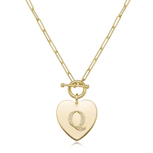 14K Gold Filled Heart Initial Necklace for Women, Dainty Alphabet Pendant Necklace with Paperclip Chain, Hypoallergenic Jewelry Gift for Her - color: Letter Q