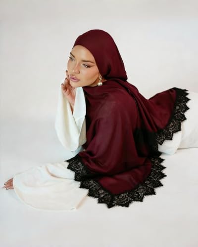 JUMISEE Elegant Floral Lace Hijab Scarf for Women Soft Cotton Head Wrap Instant Hijab Long Scarves Evening Dress Shawl - color: Burgundy With Black Lace Trim