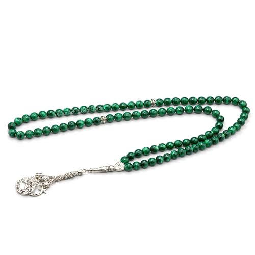 Amazing Gemstone Malachite Tasbeeh with Moon and Star Charm - Certified Crystal Muslim Prayer Beads Natural Gemstone Tasbih Gift for Ramadan Dhikr and Daily Namaz (S) - color: Malachite