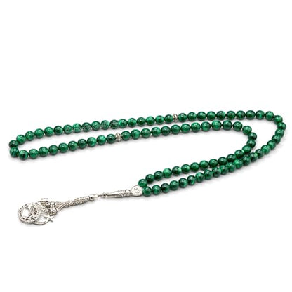 Amazing Gemstone Malachite Tasbeeh with Moon and Star Charm - Certified Crystal Muslim Prayer Beads Natural Gemstone Tasbih Gift for Ramadan Dhikr and Daily Namaz (S) - color: Malachite
