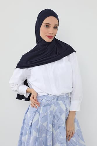 Aisha's Design Neck-Covering Practical Jersey Hijab with Built-In Ninja Bonnet - color: Navy Blue