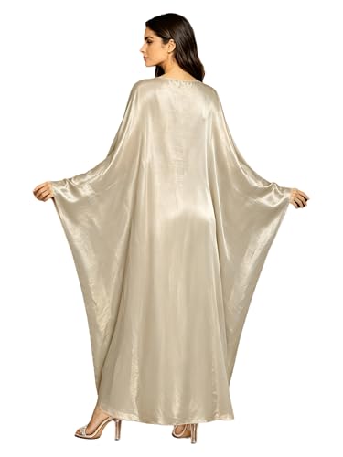 Shinsto Women Satin Prayer Dress Kaftan Robe Musulmane Femme Flashy Gown Luxury Party Wear Nightclub Outfit - color: Champagne, size: 1