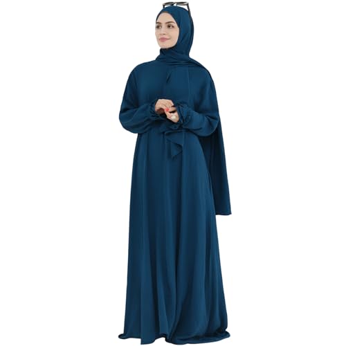 Women Muslim Dress Middle East Arabian Robe Islamic Modest Dress with Hijab Scarf Lace Sleeve Flowy Abaya Dress - color: Blue