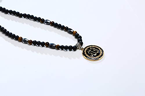 MEALGUET Allah Medallion Necklace, Stainless Steel Islamic Jewelry,Arabic Jewelry,Allah Name of God Round Pendant Necklace for Women and Men with Agate Beaded Chain, Muslim Gift Jewelry, Gift - style: Gold Plated-gemstone necklace