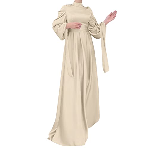 OBEEII Muslim Dress for Women Loose Full Cover Long Abaya Satin Dress Kaftan Abayas Islamic Robe S-XXL - color: Beige, size: Medium