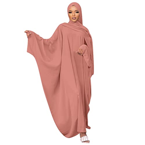 Muslim Dress for Women Pakistani Kaftan Abaya Robe + Hijab Arabic Islamic Prayer Clothes Dubai Outfits - color: Pink Set