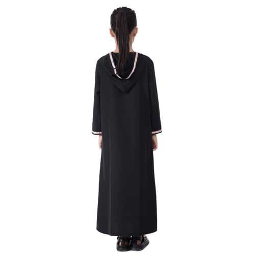 Kids Girls Abaya Muslim Eid Dress Gold Embroidered Lace Hooded Maxi Kaftan Robe Islamic Dubai Prayer Clothes - color: A-black, size: 5T