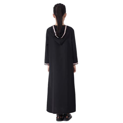 Kids Girls Abaya Muslim Eid Dress Gold Embroidered Lace Hooded Maxi Kaftan Robe Islamic Dubai Prayer Clothes - color: A-black, size: 5T