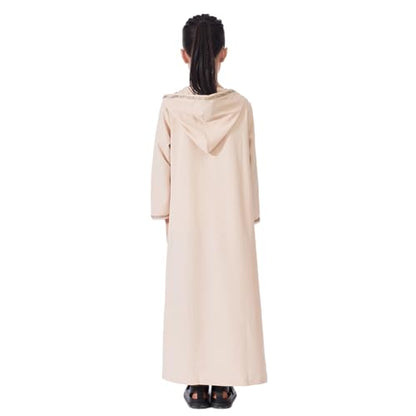 Kids Girls Abaya Muslim Eid Dress Gold Embroidered Lace Hooded Maxi Kaftan Robe Islamic Dubai Prayer Clothes - color: B-beige, size: 10 Years