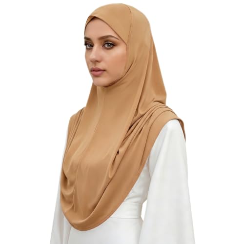 Instant Hijab Ready To Wear Hijab Scarf for Women Soft Long Muslim Jersey Hijabs Head Scarf for Prayer Abaya - color: Camel