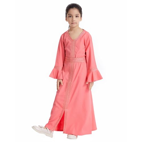Girls Abaya Muslim Dress Hijab Islamic Kids Kaftan Long Sleeve Modest 2 Piece Set Prayer Gown Middle East A2 - color: Watermelon Red, size: 13-14 Years