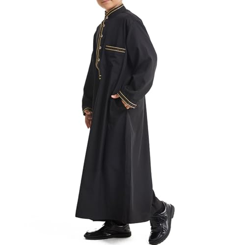 Muslim Thobe for Boys Islamic Thobe Long Sleeve Kaftan Stand Collar Button 𝐑obe Kids Ramadan Eid Outfit Prayer Clothes - color: Black, size: 5-6X