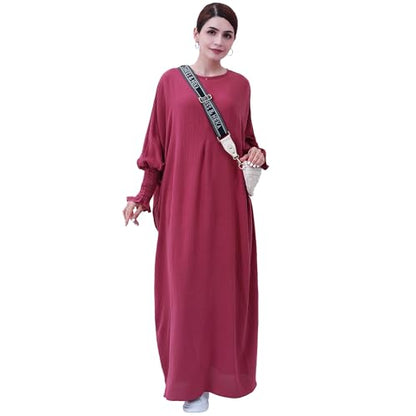 khalat Womens Muslim Prayer Dress Front Zipper Kaftan Islamic Robe Modest Solid Abayas for Women Muslim - color: Dark Red