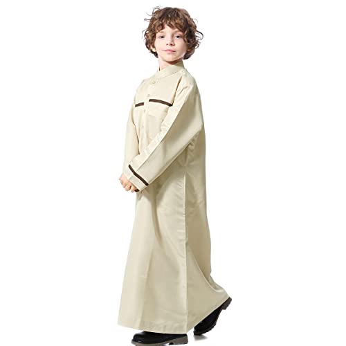 Boy's Muslim Arab Islamic Kaftan Embroidered Robe Solid Color Thobe Islamic Arabic Abaya Ethnic Dress With Pockets - color: Beige Stripe, size: 5-6 Years