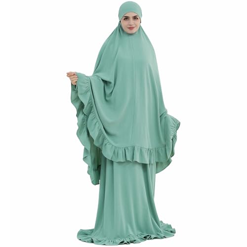 2PCS Women Muslim Prayer Abaya Dress Ruffle Trim Side Pockets with Khimar - color: Light Green, size: Medium