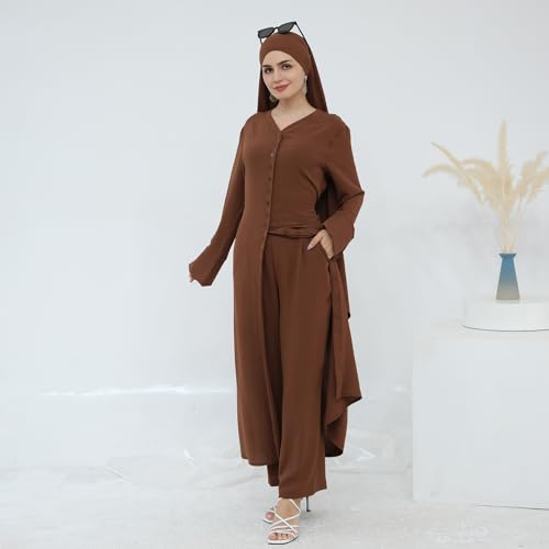 IDOPIP Muslim Women 2-Piece Set Long Sleeve Ramadan Islamic Abaya Dress Shirt with Pants Loose Fit Casual Dubai Prayer Outfit - color: Coffee, size: X-Large-XX-Large