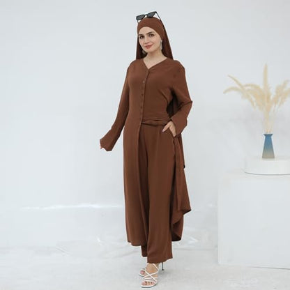IDOPIP Muslim Women 2-Piece Set Long Sleeve Ramadan Islamic Abaya Dress Shirt with Pants Loose Fit Casual Dubai Prayer Outfit - color: Coffee, size: X-Large-XX-Large