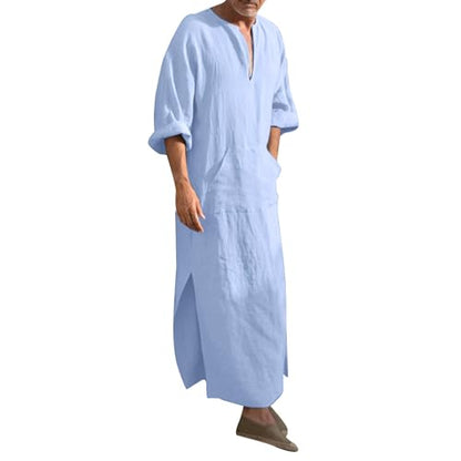 Mens Muslim Robes Solid Cotton Kaftan Thobe V Neck Casual Shirt Long Sleeve Islamic Caftans with Pocket - color: Light Blue, size: Small