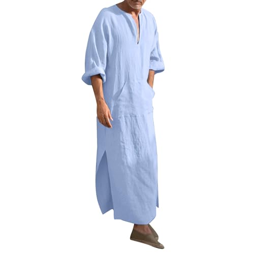 Mens Muslim Robes Solid Cotton Kaftan Thobe V Neck Casual Shirt Long Sleeve Islamic Caftans with Pocket - color: Light Blue, size: X-Large