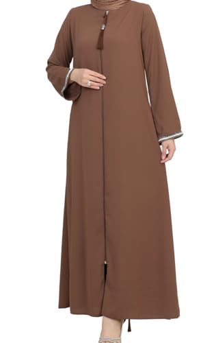 istanbul styles Women's Stone Sleeves Abaya Long Sleeve Floor Length Zipper Floor Length Turkey Islamic Fashion - color: Brown, size: 3X-Large