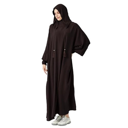 Abaya Muslim Dress Women Prayer Dress Long Sleeve Hooded Loose Maxi Dress Arabian Dubai Islamic Clothes - color: Dark Coffee