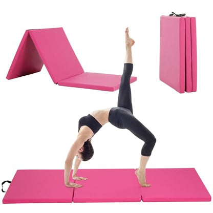 BLKMTY Gymnastics Mat, 2"x6' Folding Exercise Yoga Mat for Kids Tumbling | PU Leather Workout Mat, with Carrying Handles, For Home Gym Aerobic Fitness - color: Pink