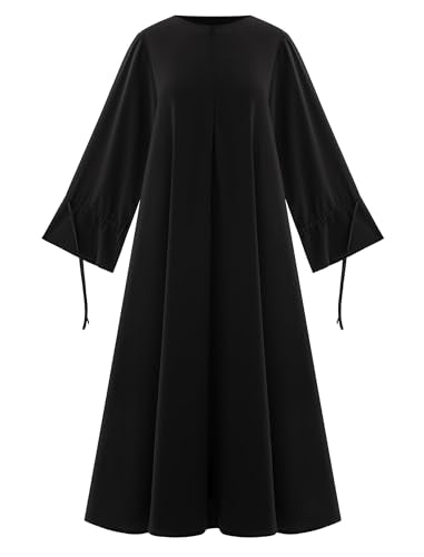 ABEWIP Muslim Dresses for Women Long Sleeve Tie Cuffs Islamic Prayer Dress Abaya Kaftan Dubai Casual Dress - color: Black, size: Medium