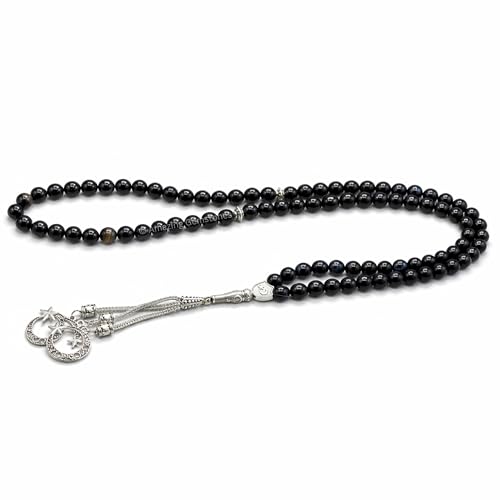 Amazing Gemstone Black Banded Agate Tasbeeh with Moon and Star Charm - Certified Crystal Muslim Prayer Beads Natural Gemstone Tasbih Gift for Ramadan Dhikr and Daily Namaz (S) - color: Black Banded Agate