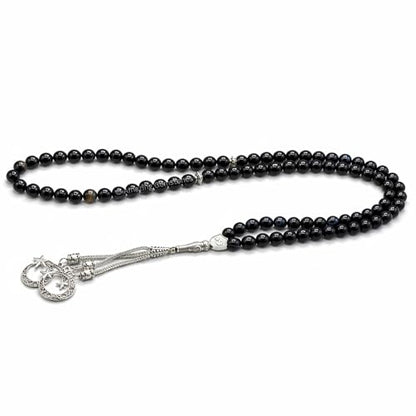Amazing Gemstone Black Banded Agate Tasbeeh with Moon and Star Charm - Certified Crystal Muslim Prayer Beads Natural Gemstone Tasbih Gift for Ramadan Dhikr and Daily Namaz (S) - color: Black Banded Agate