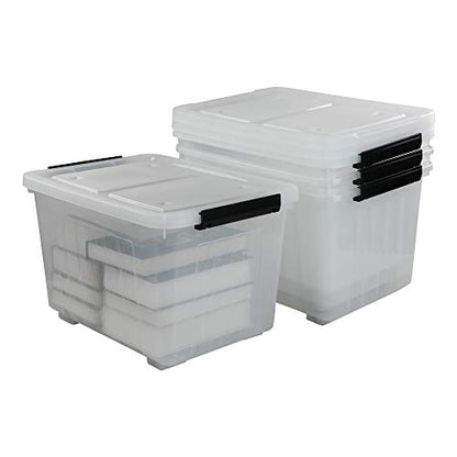 Kekow 4-Pack Clear Plastic Large Storage Box, Latch Bin with Wheels, 30 L | Easy-Glide Wheels, Sturdy Plastic Build, Easy Content Identification, Multi-Purpose Storage Bin, for Home Office Garage Use - size: 30 L