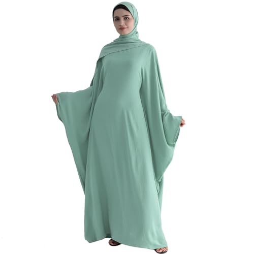 ODIZLI Abayas For Women Muslim Dubai Full Cover Kaftan Shirt Dress Batwing Sleeve Prayer Dress With Hijab - color: Green + Hijab, size: Two