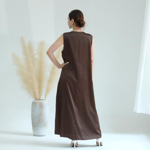 SYANKANGXIAO Ramadan Afrian Inner Under Dress for Women Dubai Abaya Turkey Muslim Sleeveless Long Slip Dress - color: Coffee, size: Small