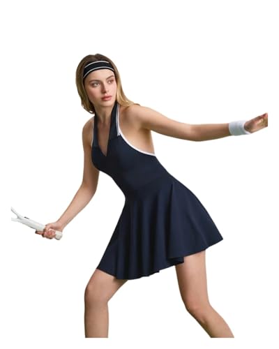 Tennis Dress Hanging Neck Contrast Lapel Sports One Piece Dress Yoga Tank Top Pad Polo Collar Tennis Skirts Gym Suit - size: Large