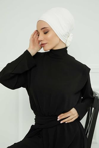 Aisha's Design Instant Turban Head Wraps for Women, Combed Cotton Scarf Lightweight Pre tied Hijab with Back Rose Detail - color: Ivory