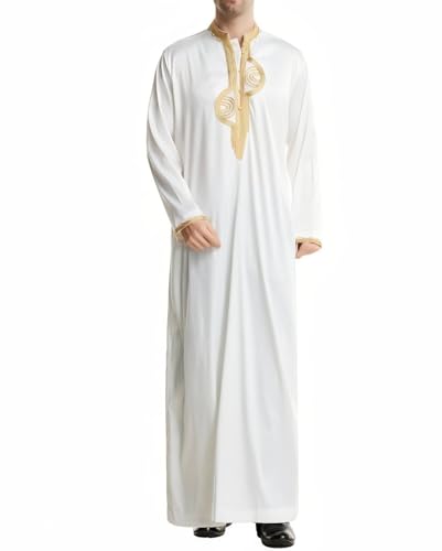 Men's Ankle-Length Thobe With Round Neck And Intricate Gold Embroidery - color: White and Gold, size: XX-Large