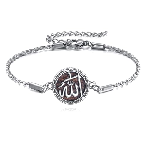 ONEFINITY Allah Wooden Bracelet 925 Sterling Silver Real Ebony Wood Bracelets Allah Tasbih Islamic Jewelry Gift for Women Men Muslim