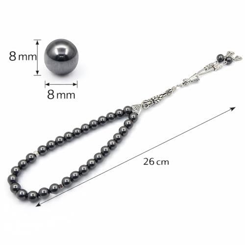 Perlin Muslim Prayer Beads 33 Bead Black Hematite Tasbih – Islamic Misbaha Subha Dhikr Beads with 8 mm Hematite Gemstone Beads and 925 Sterling Silver Imam, Ottoman Style Prayer Rosary, 26 cm