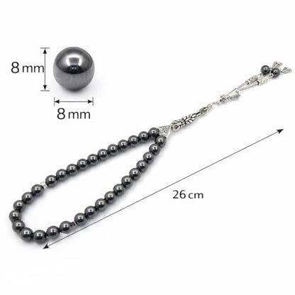 Perlin Muslim Prayer Beads 33 Bead Black Hematite Tasbih – Islamic Misbaha Subha Dhikr Beads with 8 mm Hematite Gemstone Beads and 925 Sterling Silver Imam, Ottoman Style Prayer Rosary, 26 cm