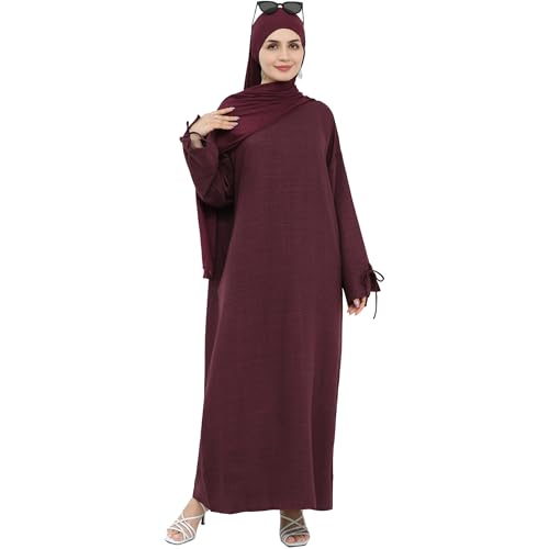 Women 1PC Abaya Dress Simple Kaftan Eid Dress for Women Muslim Casual Robe Fashion Jilbab Dubai Travel Outfits - color: Wine, size: Medium