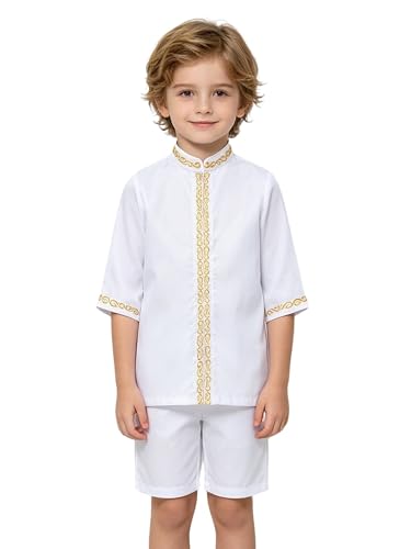 JEATHA Kids Muslim Clothing Thobe with Shorts Sets Saudi Arabic Dubai Outfits for Casual Daily Wear Breathable - color: White, size: 5-6