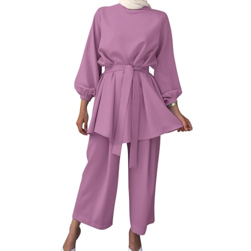 IWEMEK Abayas for Women Muslim Long Sleeve Loose Top Pants 2 Pcs Eid Ramadan Outfits Casual Islamic Muslim Clothes with Belt - color: Fuchsia, size: Small