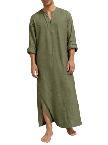 Runcati Mens Kaftan Robe Linen Long Sleeve Thobe Kurta Muslim Gown Shirt - color: Army Green, size: Medium