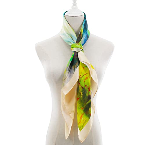 100% Mulberry Silk Scarf-Printed or Solid Color 35” Square Large Silk Hair Head Wrap Scarf With Gift Box Package - color: Multicolor
