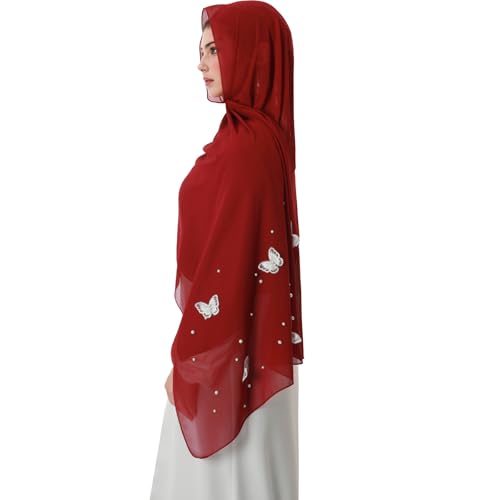 Muslim Prayer Hijab for Women Lightweight Pearl Chiffon Scarfs 3-D Butterfly Embroidery with Glitters Beads Islamic Hijab - color: Wine Red