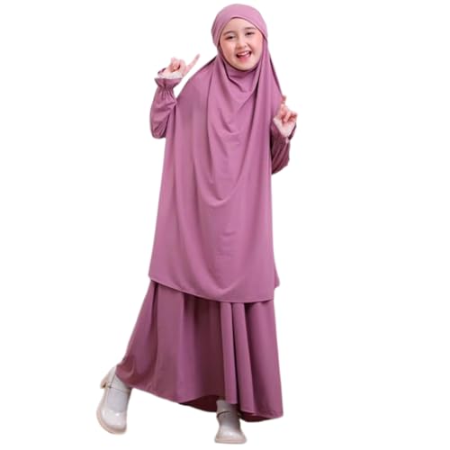 Kids Girls Muslim Islamic Two-piece Outfits Lace Long Sleeve Hijab Dress Abaya and Loose Skirt Full Cover Kaftan - color: Pink Purple, size: 5-6 Years