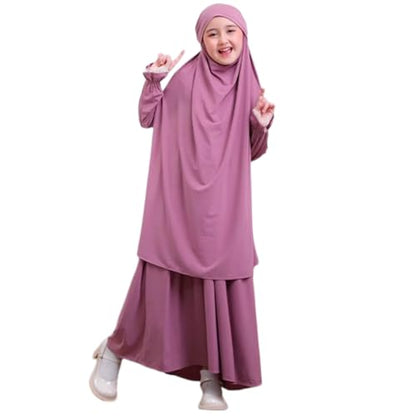 Kids Girls Muslim Islamic Two-piece Outfits Lace Long Sleeve Hijab Dress Abaya and Loose Skirt Full Cover Kaftan - color: Pink Purple, size: 3-4 Years