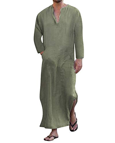 Jacansi Men's 65% Cotton 35% Linen Kaftan Thobe, Long Sleeve Casual Arabic Robe, Loose Long Gown with Pockets - color: Army Green #1, size: 3X-Large