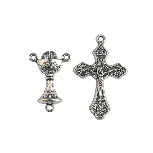Car Rosary From The Holy Land of Bethlehem - 7" First Communion With Crucifix & Chalice Dangle, Olive Wood Catholic Pocket With Wooden Beads & Lobster Clasp - color: First Communion