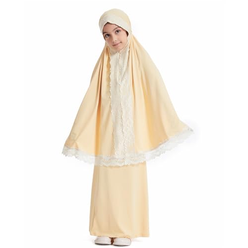 Girls Abaya Muslim Prayer Dress 2 Piece Maxi Sleeve Full Cover Lace Hijab Kaftan Tops Long Skirt Kids Soft Elastic - color: Light Yellow, size: 5-6 Years